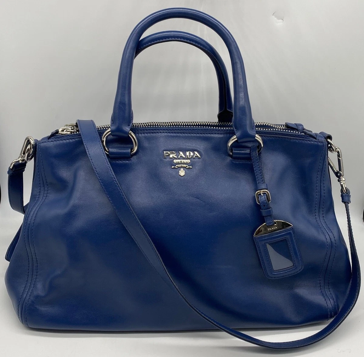 Prada Vitello Daino Baulette Tote in Cobalto w Crossbody Strap