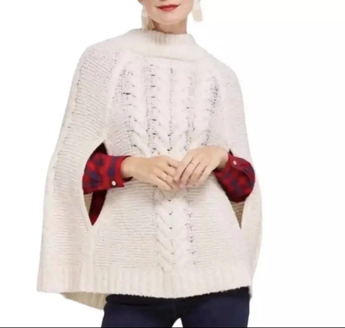 DRAPER JAMES Ivory Cable Knit Sweater Cape Poncho Wool Alpaca Sz M/L EUC