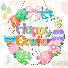 Wooden Easter Door Sign for Front Door, Happy Easter Bunny Egg Wreath Hanging De