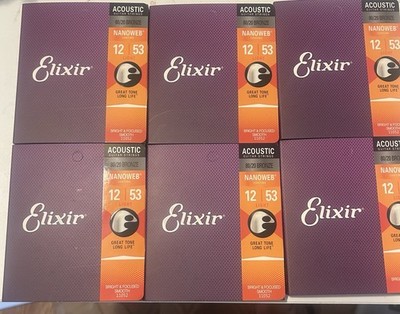 6 Elixir 80/20 Nanoweb Phosphor Bronze Acoustic Guitar Strings Light (12-53)