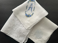 Vintage 3 White Hankies Blue Monogram A Madeira Swiss Style Hand Embroidered