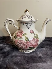 Pink Rose Ceramic Tea Pot Ivory Vintage Floral Teapot with Gold Leaves Edge G...