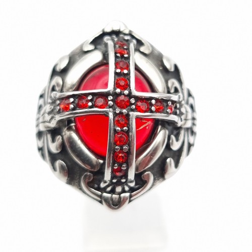 Tempelritter Stil roter Stein Kreuz Ring Herren Größe Z Large klobiger Stahl