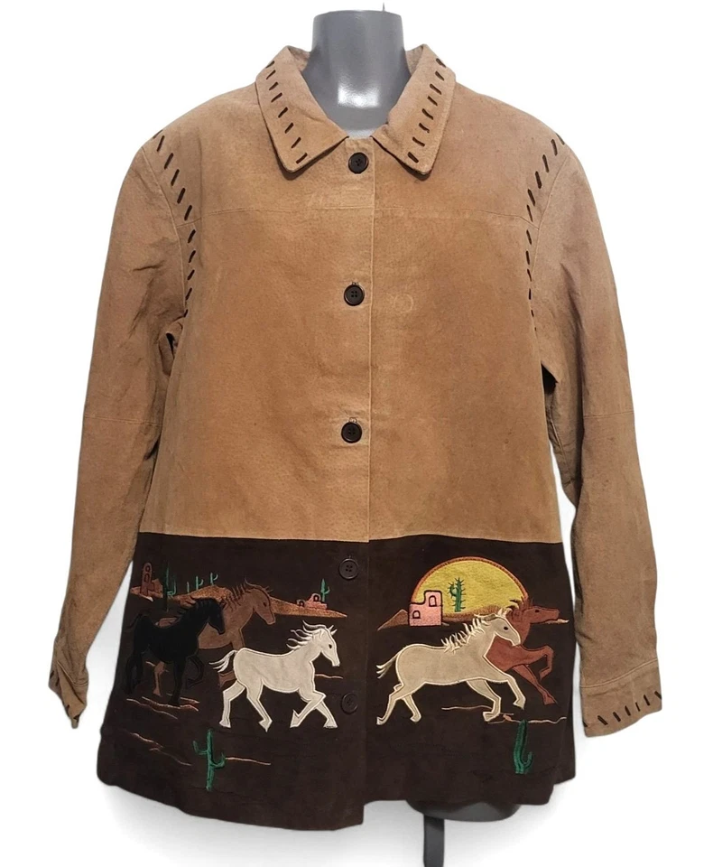 Vtg Quacker Factory Suede Western Jacket Women Sz Large Horse Southwest Tan Coat - Image 2 of 4