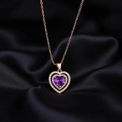 Heart Cut  Lab Created Amethyst necklace pendant For Women 14K Rose Gold Plated