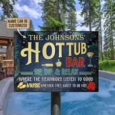 Personalize Hot Tub Bar Metal Signs Sip Dip & Relax Swimming Pool Tropical Decor
