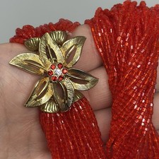 Vintage 16 Cherry Red Seed Bead Multi Strand Necklace Gold Tone Floral Clasp