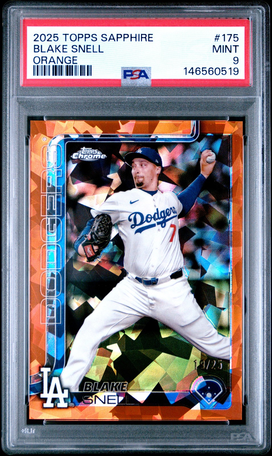2025 TOPPS CHROME SAPPHIRE ORANGE #175 BLAKE SNELL 19/25 PSA 9