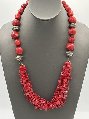 Vintage Red Coral? Dyed Howalite Artisan Made Necklace 25  Three Strand