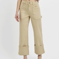 Risen Womens Wide Leg Pants High Rise Cuffed Beige Denim Jean Patch Pockets 26