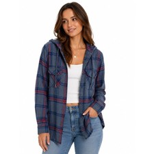 Garage Boyfriend Fit Hooded Plaid Flannel Shirt Women's XS Blue Red 100 Cotton