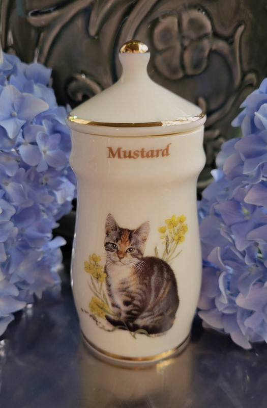 Lesley Anne Ivory's Mustard Cat Spice Jar Ceramic/Porcelain w/ Lid Vintage 