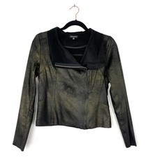 Shinestar Black Faux Suede Green Metallic Gold Full Zip Angled Moto Jacket M
