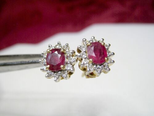 18K YELLOW GOLD DIAMOND HALO & OVAL CUT RUBY STUD EARRINGS 4.5 GRAMS - Picture 2 of 8