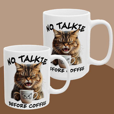 Funny Angry Cat Mug No Talkie Before Coffee Grumpy Kitty Cup Caffeine Humor Gift