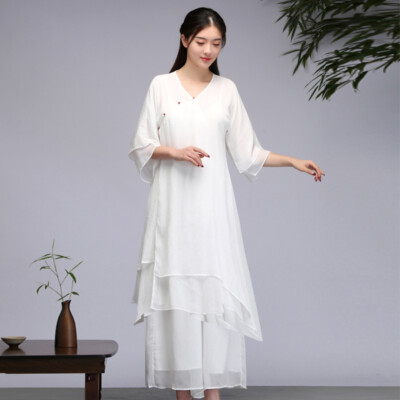 chinese dress ladies Retro Plaid Print Long-sleeved Shirt Style Casual Maxi Dress – roschic
