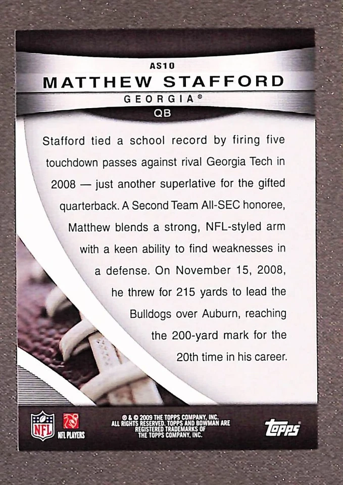 2009 Bowman Draft #AS-10 Matthew Stafford Rookie All-Stars Card - Image 2 of 3