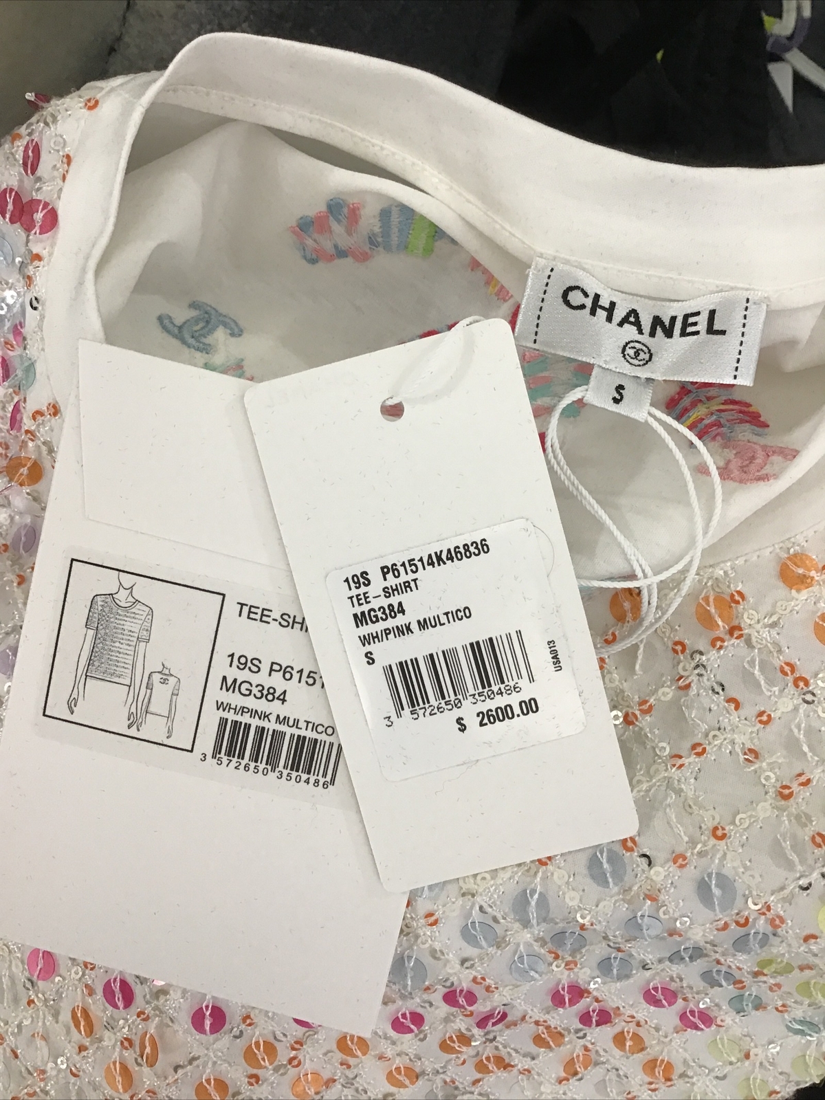Chanel T-Shirt White S Sleeve Aurora Sequin Front Back Embror CC Nwt Size S image 7