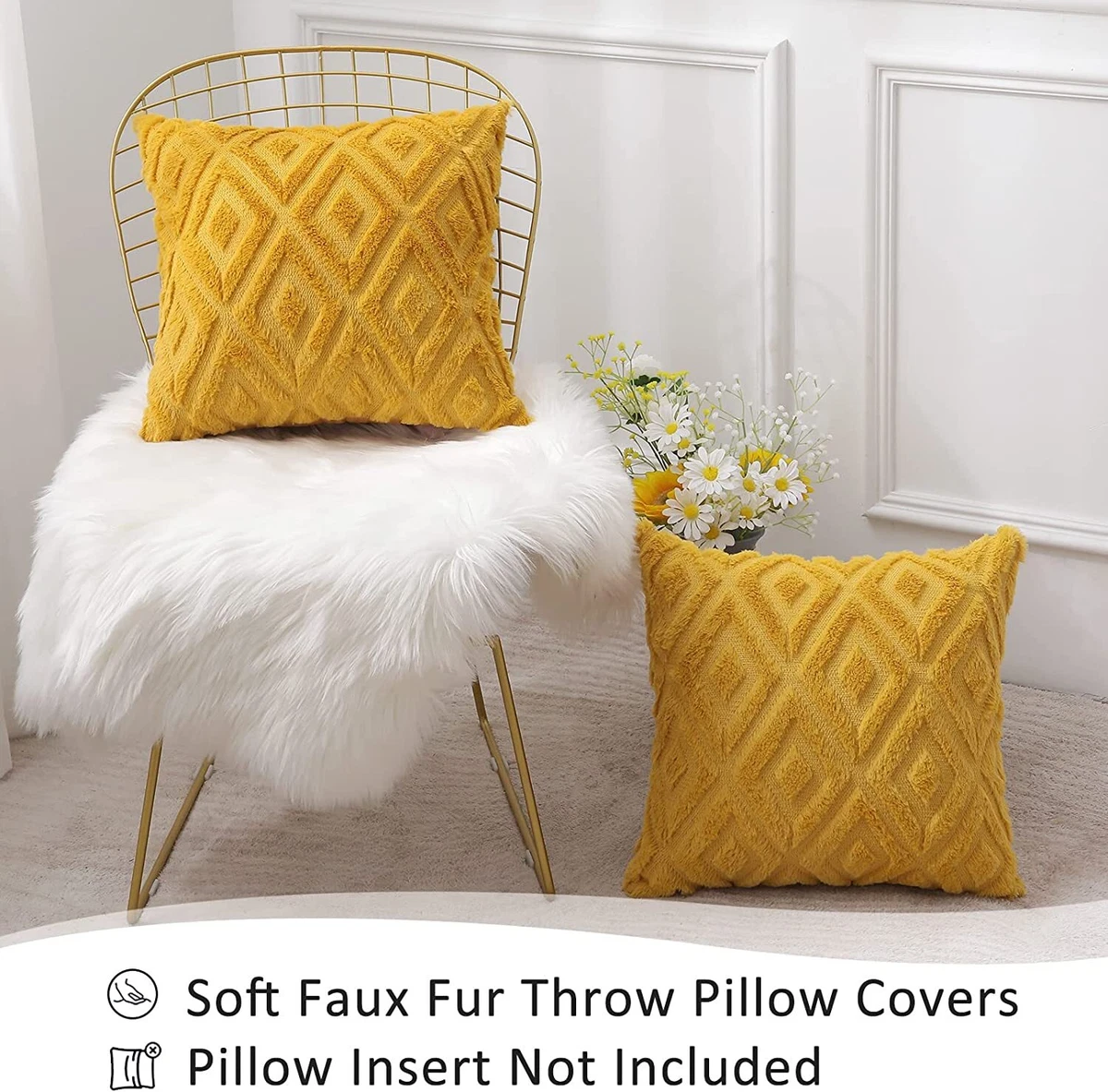 Yellow faux store fur throw pillows