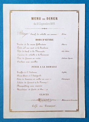 Porcelain Paper Menu - September 18, 1859 - Turin - Savoy - PREUNITARIO