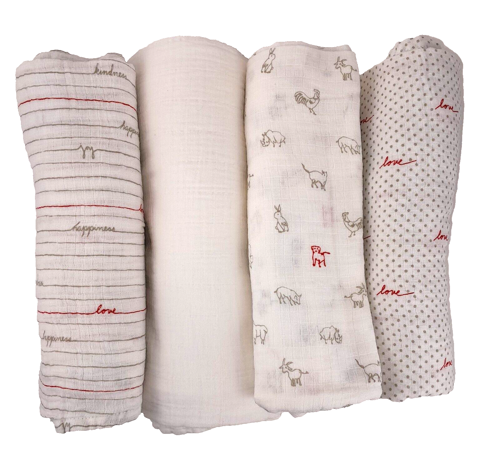 Lot of 4 Baby Swaddle Blankets Gray Red White Animals Love Aden + Anais  Muslin-image