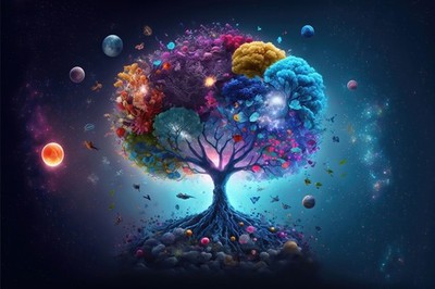Wandbild: Key Visual eines farbenfrohen Lebensbaums vor einer Galaxie [...]