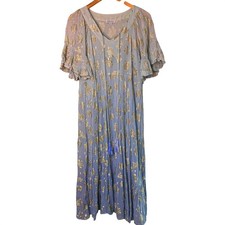 Debbie Katz South Beach Blue Gold Metallic Floral Maxi Dress Boho Tassel Medium