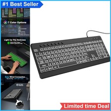 Large Print Wired Keyboard Backlit 7 Colors USB Plug and Play Full Size PC