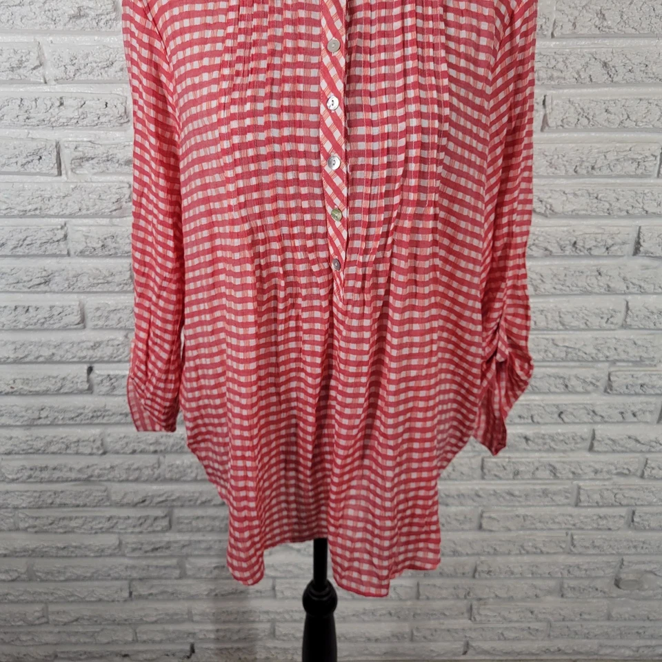 Ruby Rd Women Top 1X Plus Tunic Red Gingham Check Semi Sheer Pintuck Lightweight - Image 4 of 4