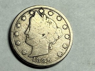 1886 key date Liberty V nickel. VG Fine most of LIBERTY shows. #ndr1