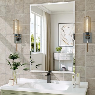 Frameless Bathroom Mirror, 24'' x 36'' Rectangle Beveled Wall Mirror, Modern De...