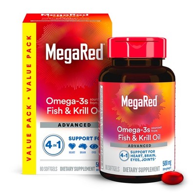 Megared Omega-3 Fish Oil + High Absorption Krill 80 Count (Pack of 1), Red 