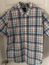 Van Heusen Mens XL 17-17.5 Blue Plaid Short Sleeve Button Down Classic Fit Shirt