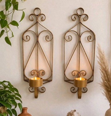 Vintage Gold Metal Wall Candle Sconces Pair Scroll Wrought Iron Farmhouse Boho 