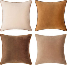 Set of 4 Velvet Pillow Covers 18x18 Brown Beige Modern Double-Sided Cushion Case
