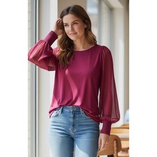 Calvin Klein Womens Sheer Balloon Sleeve Blouse Berry Pink Top Small M1YTGO254K