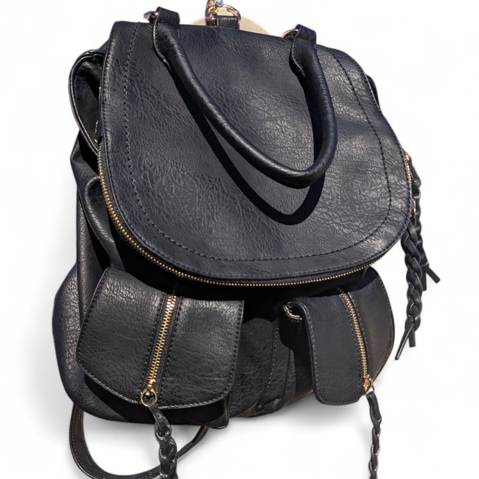 Sole Society Emery Backpack BLACK Vegan Faux Leather Zippers School Work Snap