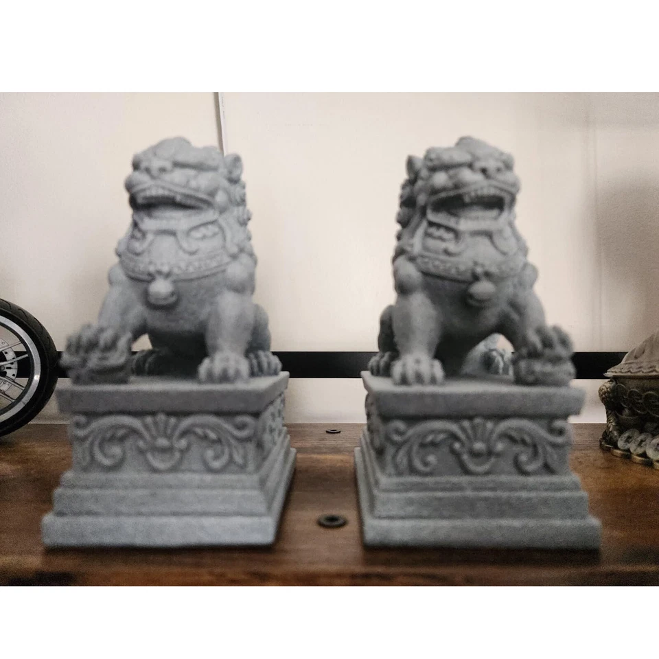 Chinese Foo Dogs Statues Pair Guardian Lion Statues Fu Foo Dogs Stone Bookend - Image 3 of 4