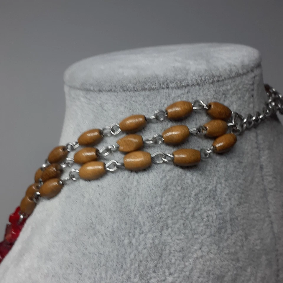 Collar Abulón Rojo Naranja con Eslabón de Cadena y Espaciadores de Cuentas de Madera 3 Hilos 16" Foto 4 de 4