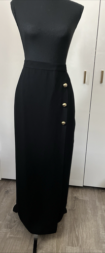 Women's Black Long Pencil Skirt Large Gold Side Buttons Thigh-High Slit RT$180 - Picture 2 of 5