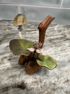 Norman Brumm Enamel On Copper Mushroom Floral Sculpture On Burl Wood Signed