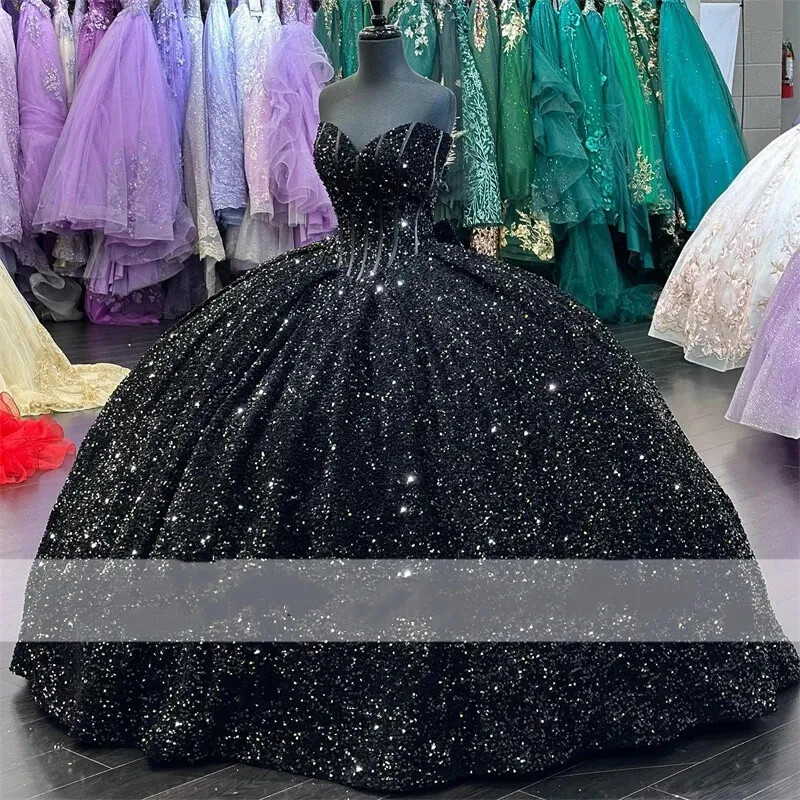 Gorgeous & Classic Ball Gown Off Shoulder Flowers Appliques Beaded Bow Knot Tiered Black Tulle Quinceanera Dress for Sweet 16 6 / Black