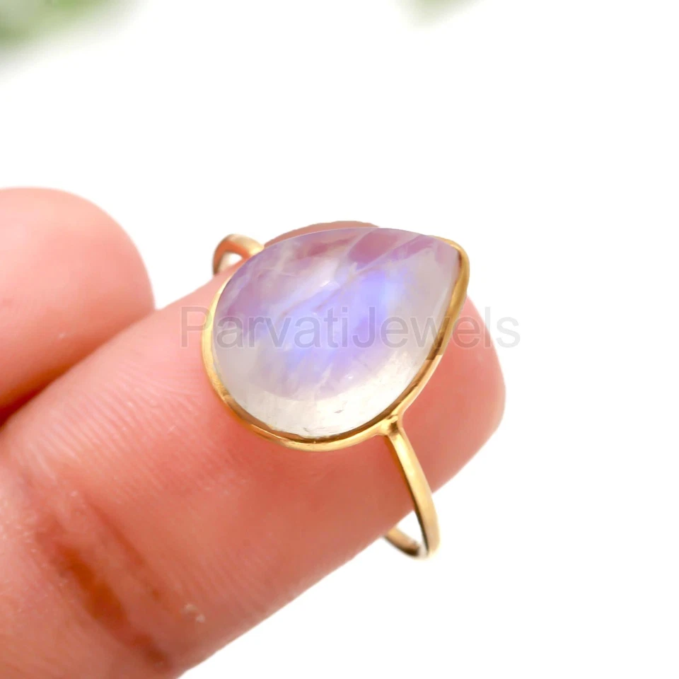 Anillo de regalo de aniversario de oro macizo de 18 quilates con piedras preciosas de luna arco iris natural para mujer Foto 2 de 4