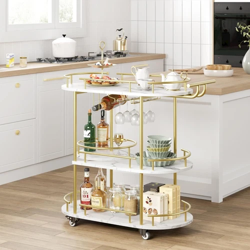 3 Tiers rotate Gold Metal Bar Serving Cart with Wine Rack Glass Holder 360°wheel