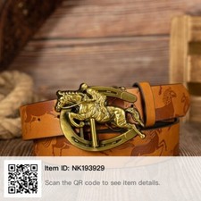 MEN'S TAN PU LEATHER EMBOSSED HORSE PATTERN HORSESHOE SHAPED ALLOY BELT