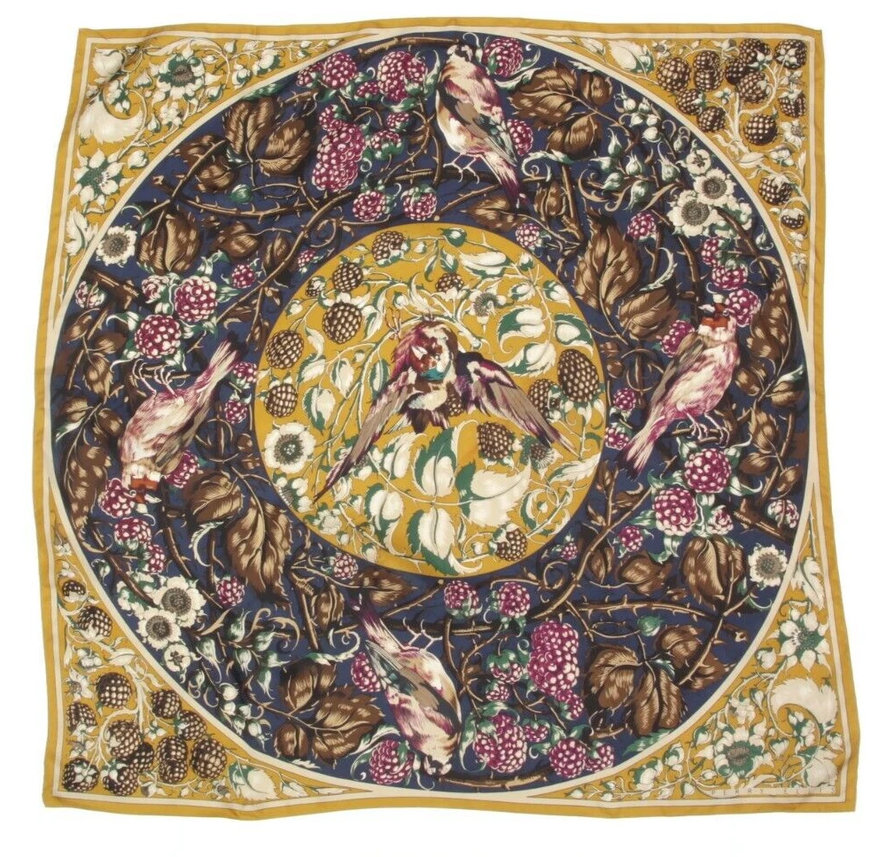 Vintage PERRY ELLIS Silk Scarf 35 x 35 Woodland Birds Berries Pinecone Leaf 533