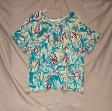 Women's Coral Bay Short Sleeve Crew Top Blue and Maroon Floral Size 2XL