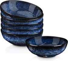 32 oz Soup Bowl, Pasta Bowl Large, Fluted, Stoneware, Set of 6 (Blue)
