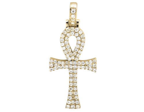 Solid 10K Yellow Gold Ankh Cross Genuine Diamond 1 Inch Charm Pendant 0.40 Ct - Picture 1 of 5
