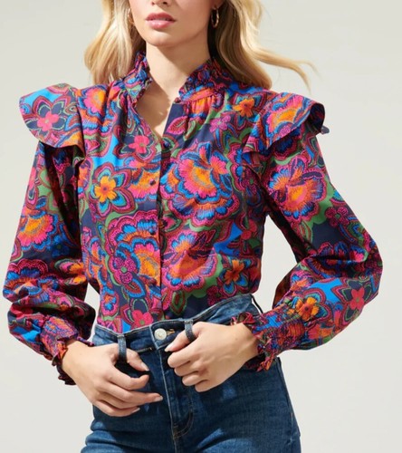 Sugarlips Printed Ruffle Sleeve Button Down Blouse Size Large 💯 cotton